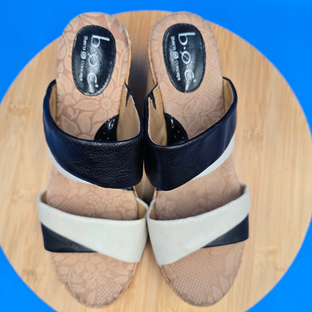B.O.C. Born Concept Leather Wedge Sandals Black Cream‎ Cork Size 9 C57011